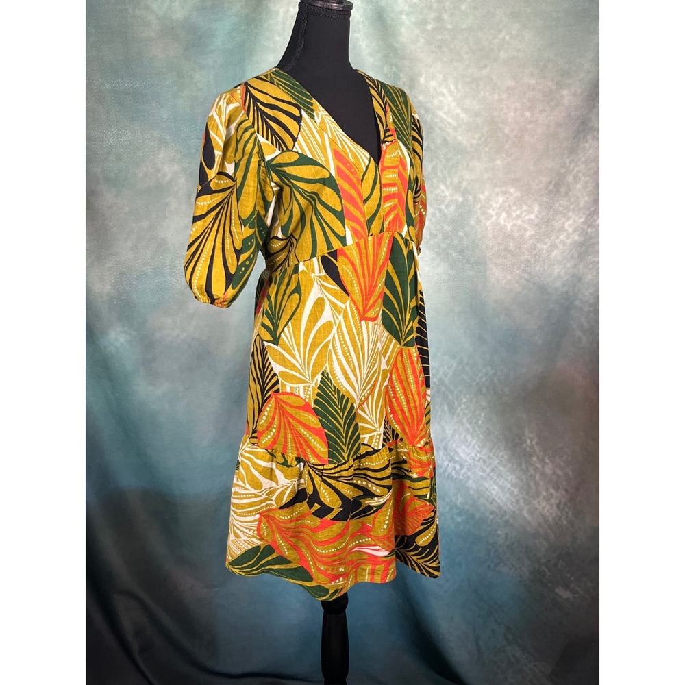 Mlle Gabrielle Womens Mustard Tropical Leaf Print Cotton V-Neck Midi Dress Large - Picture 3 of 7